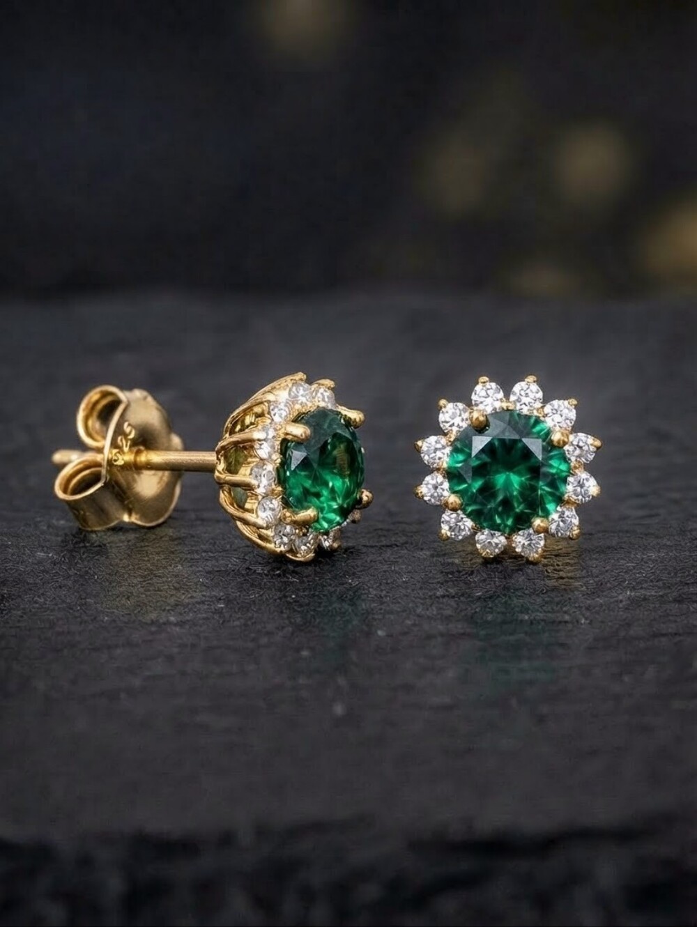 Green Emerald Round Halo Stud Earrings 18K Gold Vermeil | 925 Silver Rhodium